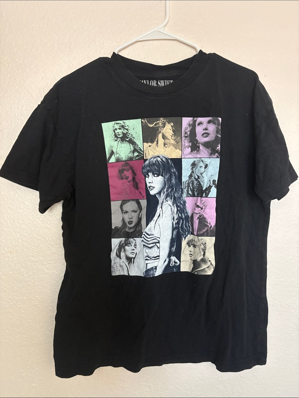 Taylor Swift Black Tee with Teal Pink Purple Yellow Graphic Grid